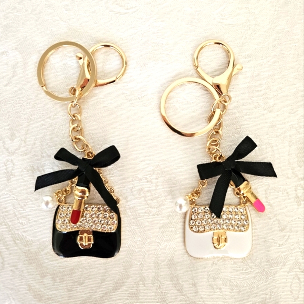 Set of 2 Blingy Handbag shape Keychain/Bag Charms in Black and White- New!